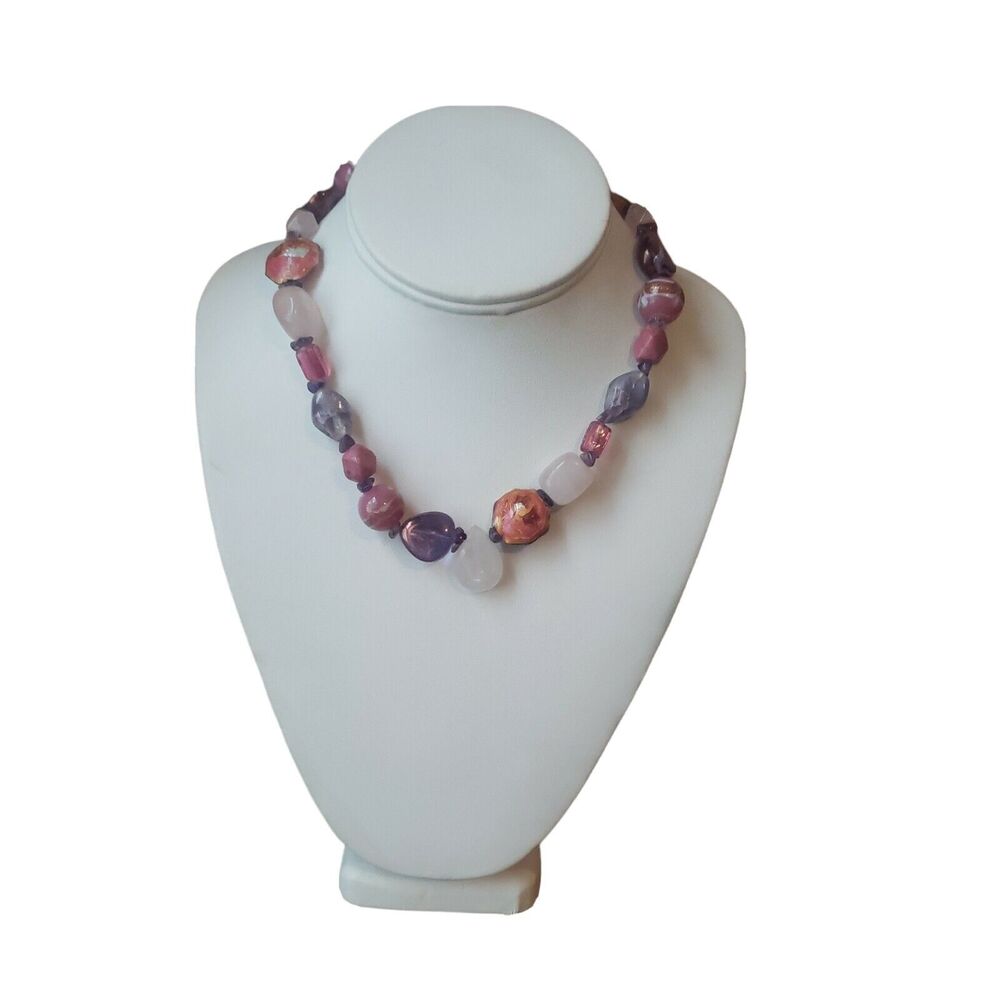 Chico's Gemstone Necklace Pink Purple White Beaded Choker Silver Tone Adjustable